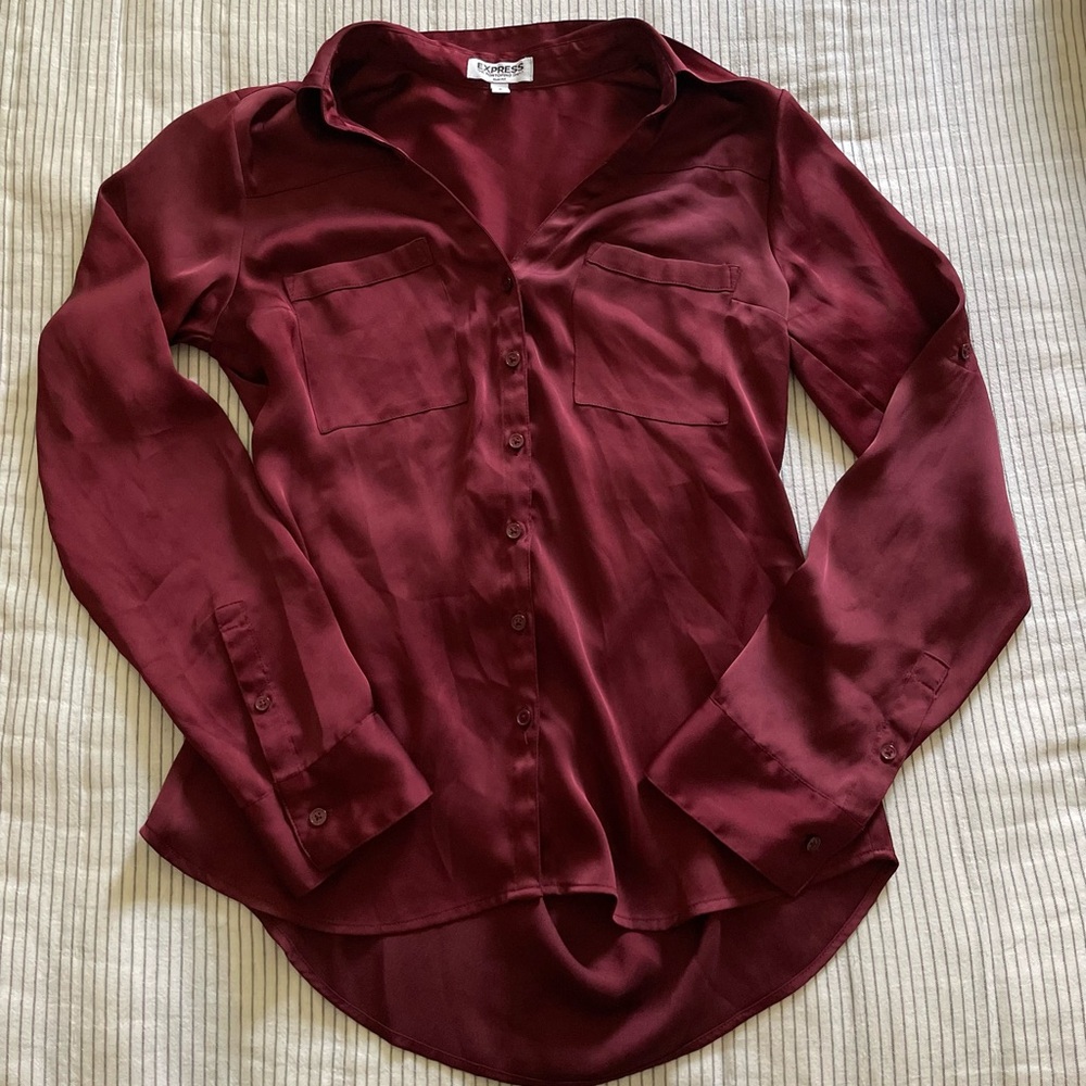 Express dark Red Long Sleeve Fitted Button Down Blouse